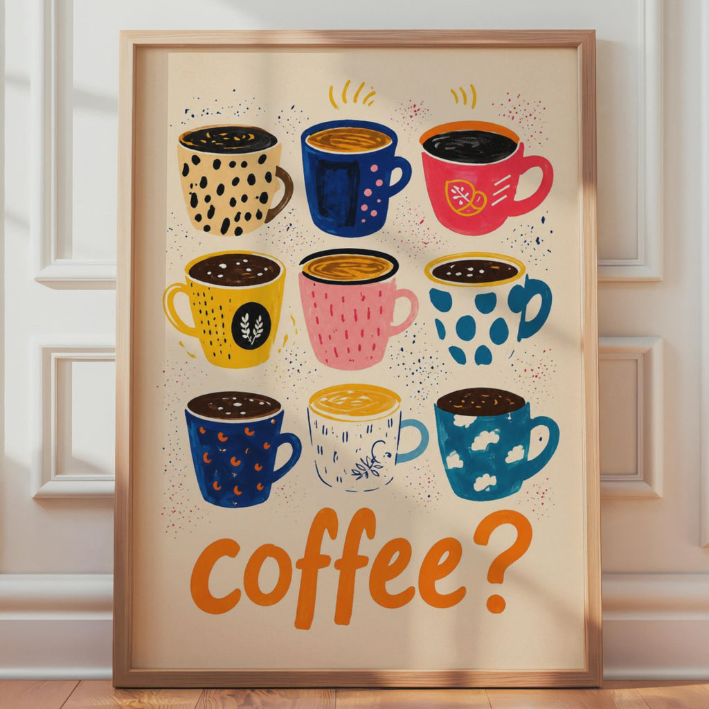 Illustrated Coffee Mugs Wall Art Print, Colorful Kitchen Decor Print