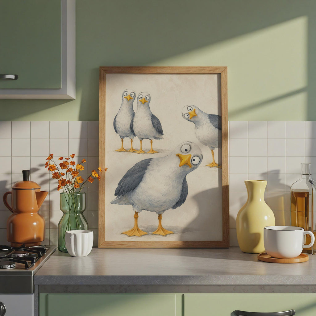 Cheeky Seagull Poster, Googly Eyes Cartoon Bird Art, Humorous Coastal print