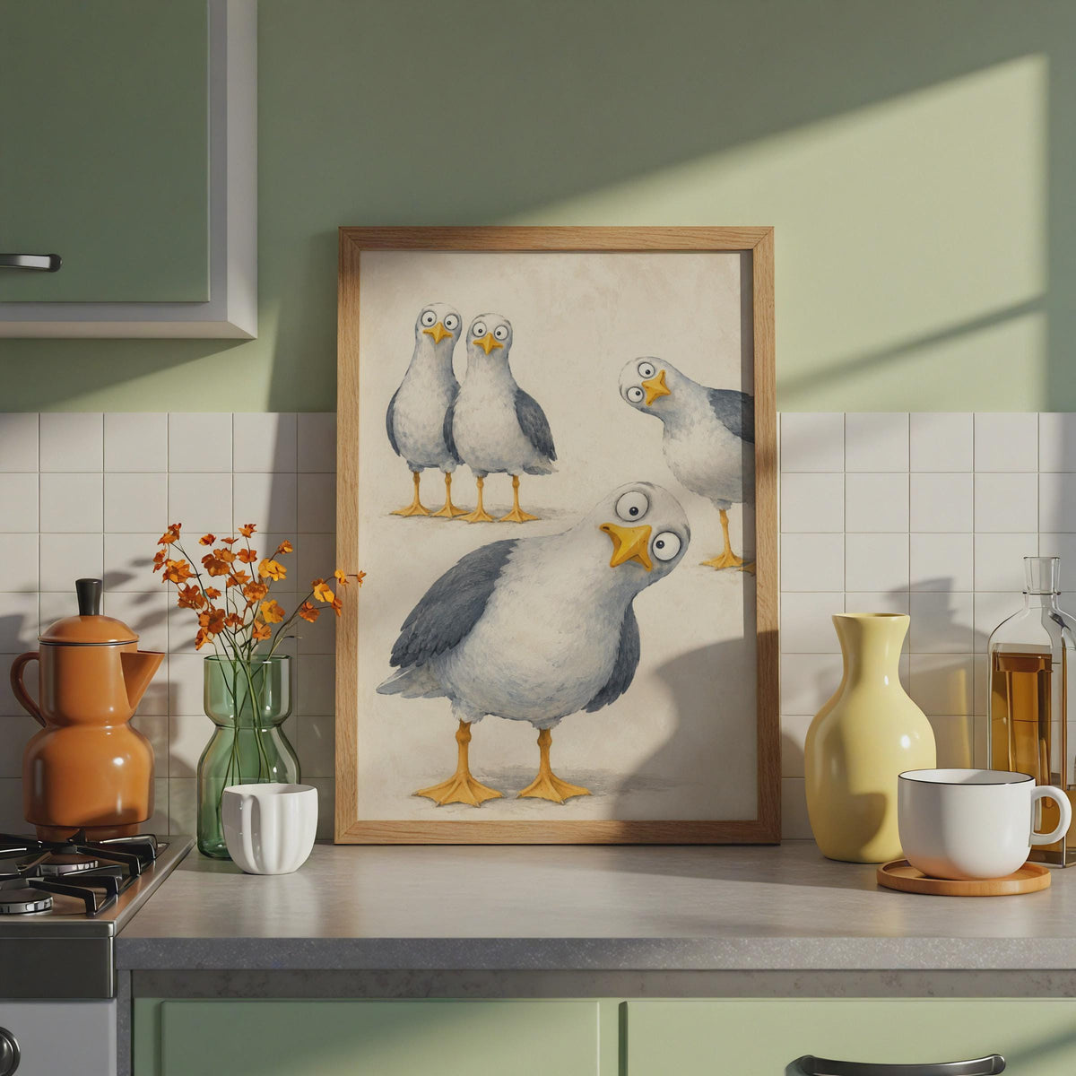 Cheeky Seagull Poster, Googly Eyes Cartoon Bird Art, Humorous Coastal print