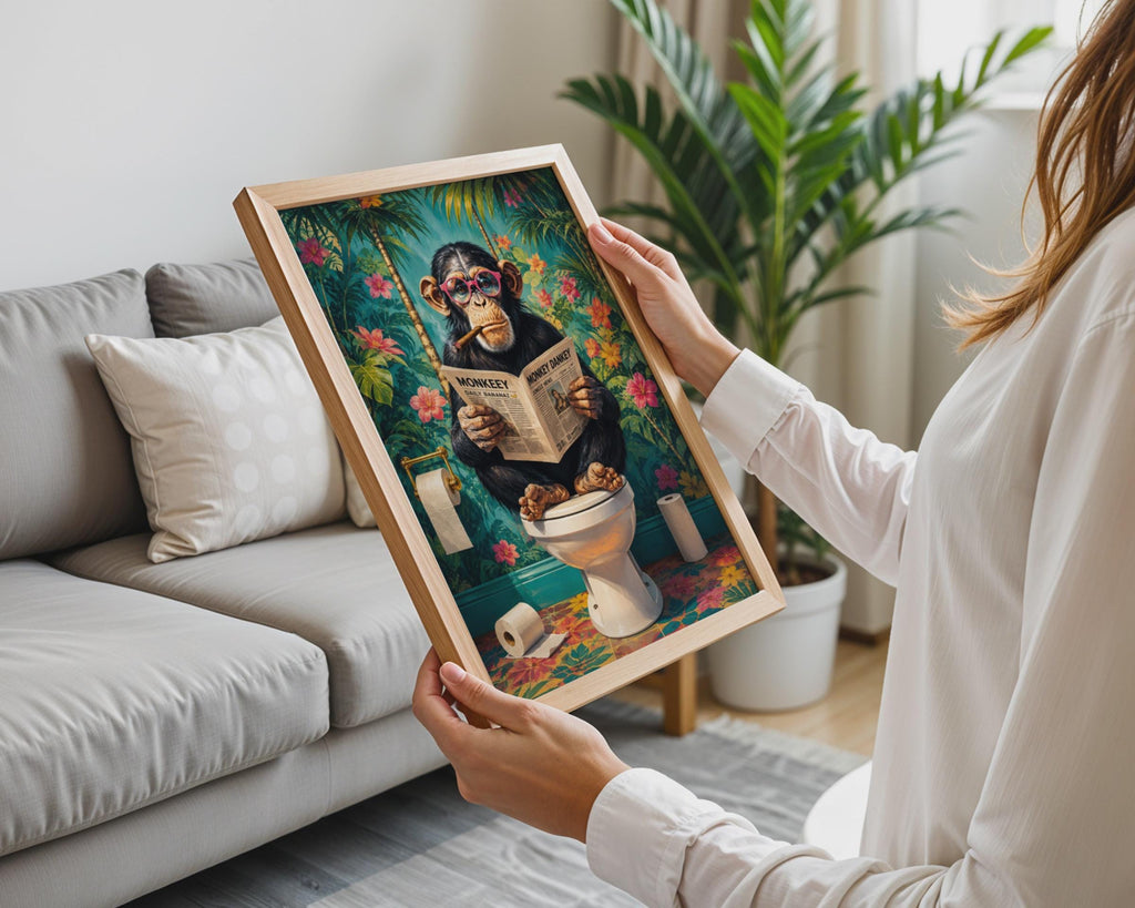 Chimpanzee Reading Newspaper Bathroom Print, Colourful Tropical Animal Wall Art