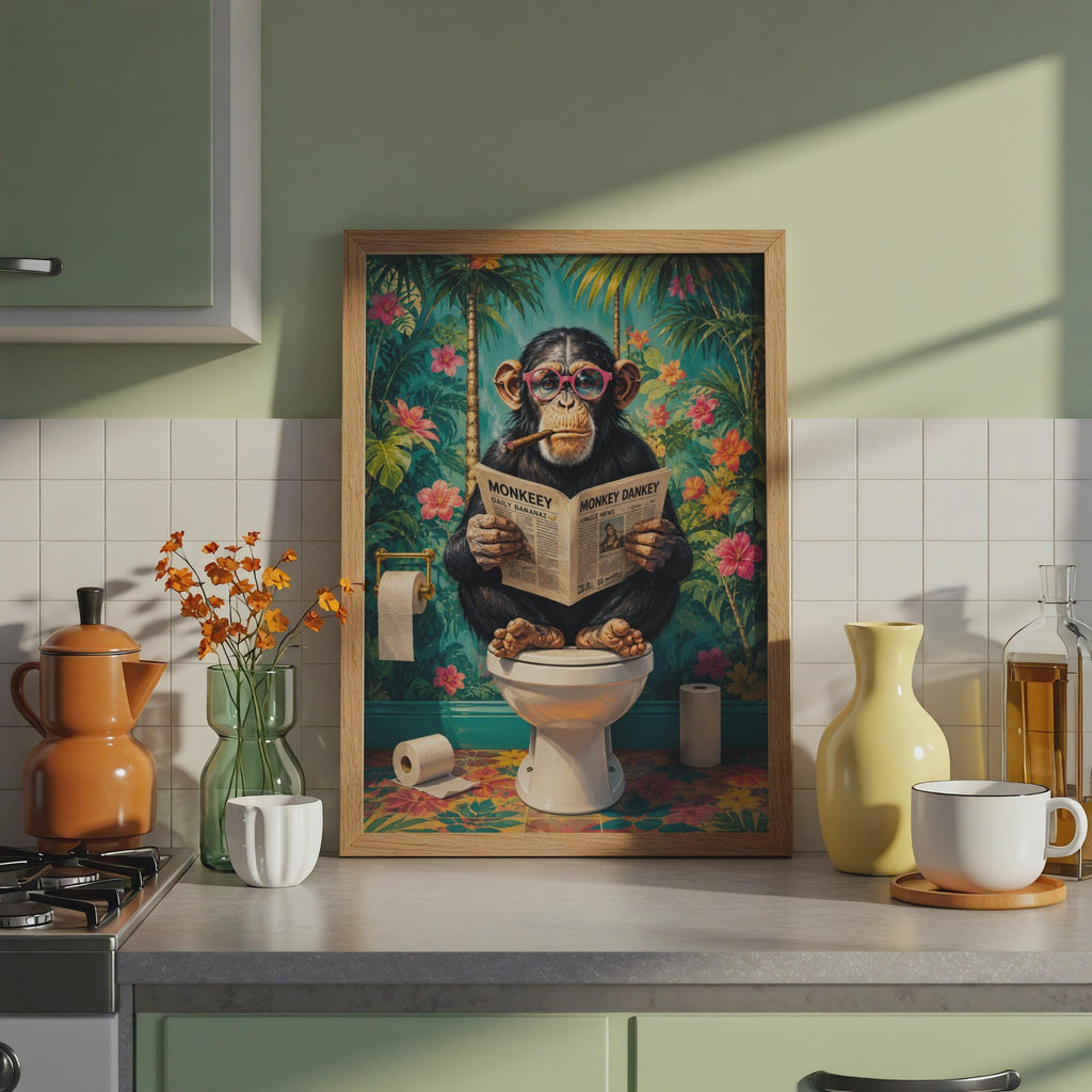 Chimpanzee Reading Newspaper Bathroom Print, Colourful Tropical Animal Wall Art
