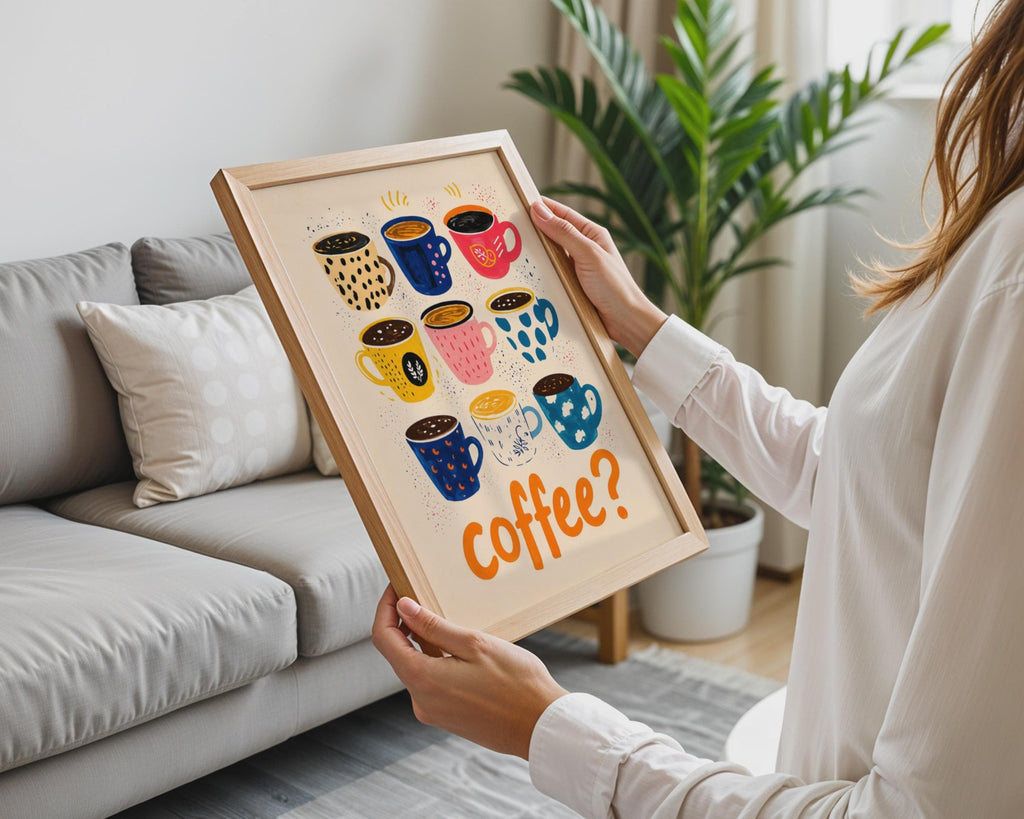 Illustrated Coffee Mugs Wall Art Print, Colorful Kitchen Decor Print