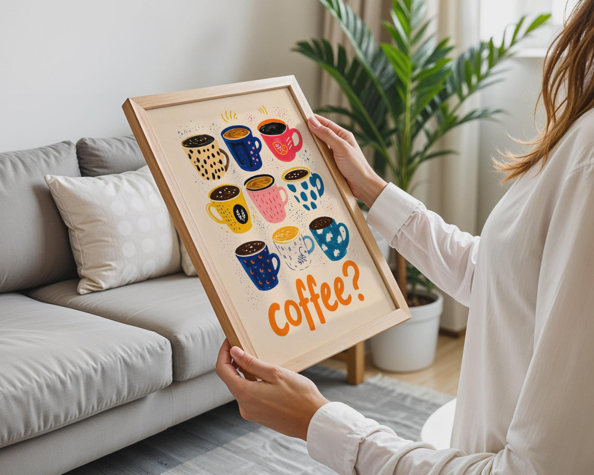 Illustrated Coffee Mugs Wall Art Print, Colorful Kitchen Decor Print