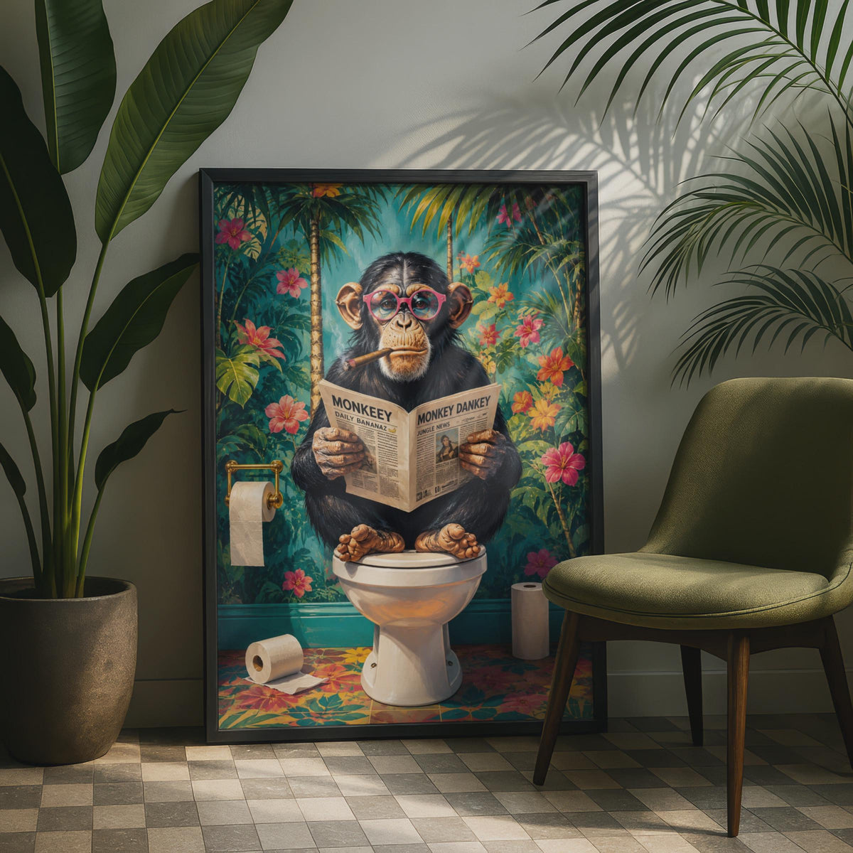 Chimpanzee Reading Newspaper Bathroom Print, Colourful Tropical Animal Wall Art