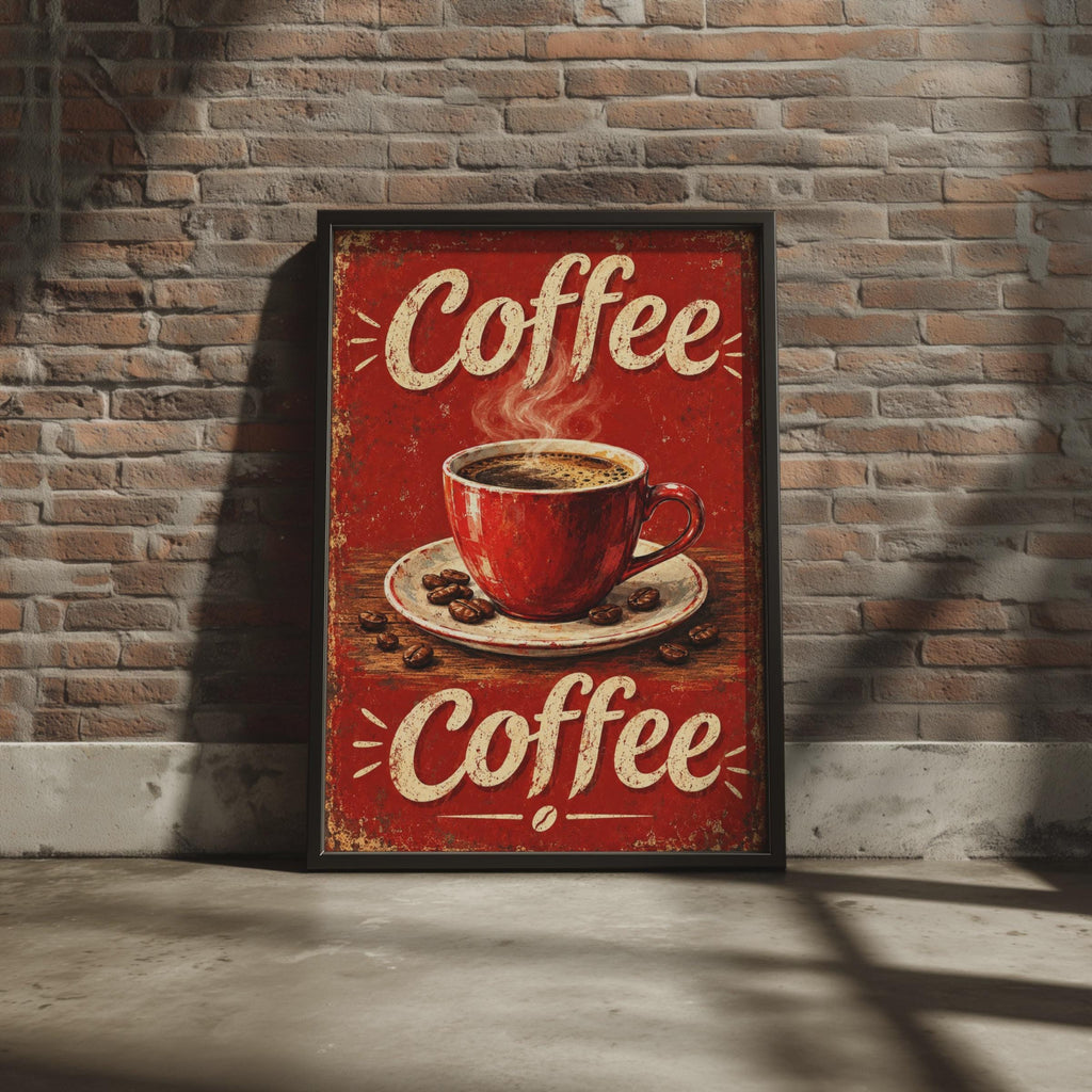 Vintage Red Coffee Cup Poster, Retro Cafe Wall Art, Distressed Coffee Bean Sign Print