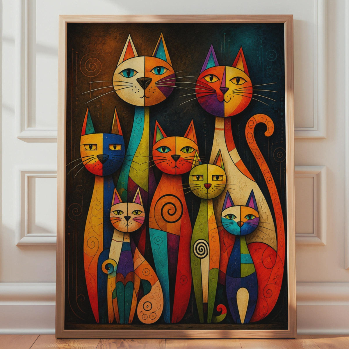 Abstract Cartoon Cats Print, Colorful Feline Wall Art, Geometric Animal Decor
