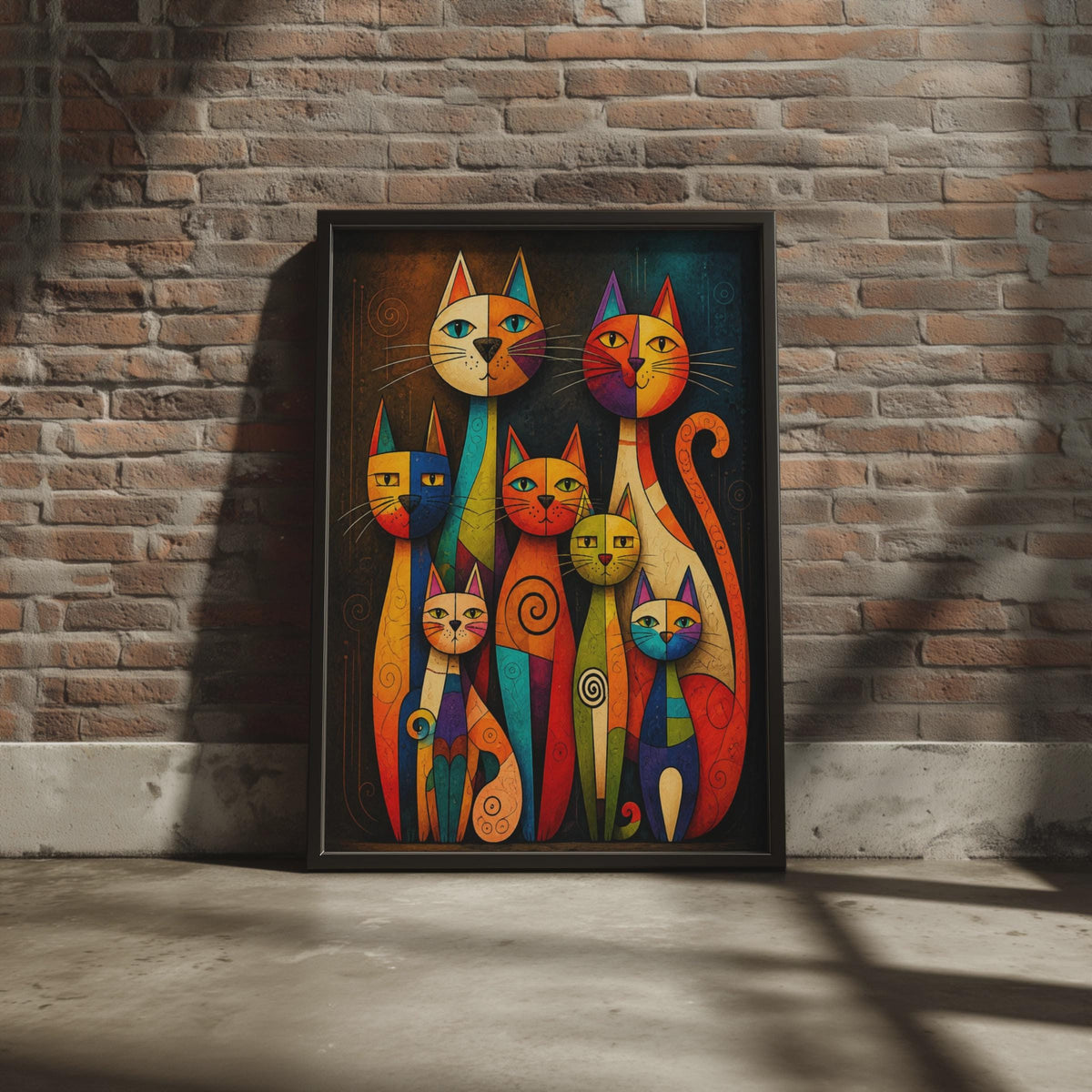 Abstract Cartoon Cats Print, Colorful Feline Wall Art, Geometric Animal Decor