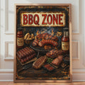 BBQ Zone Retro Grill Poster, Grilled Ribs Sausages, Smoky Maple Sauce (Wall Art Print)