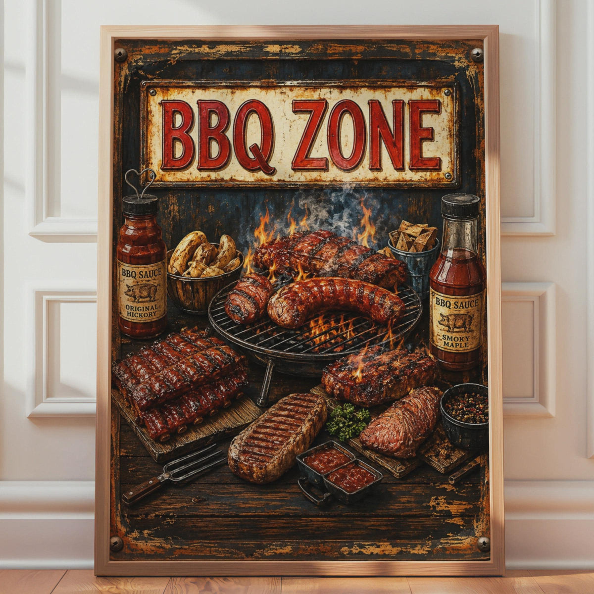 BBQ Zone Retro Grill Poster, Grilled Ribs Sausages, Smoky Maple Sauce (Wall Art Print)