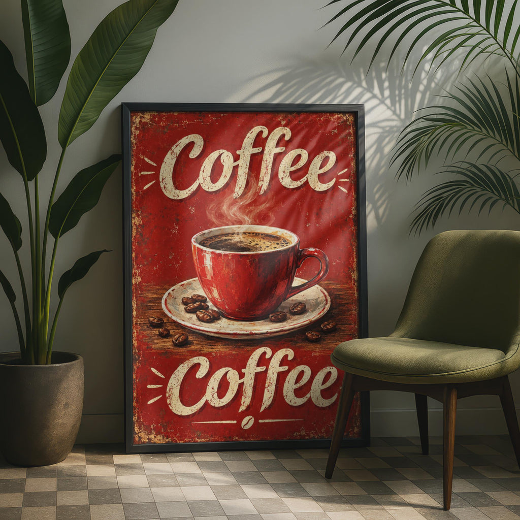 Vintage Red Coffee Cup Poster, Retro Cafe Wall Art, Distressed Coffee Bean Sign Print