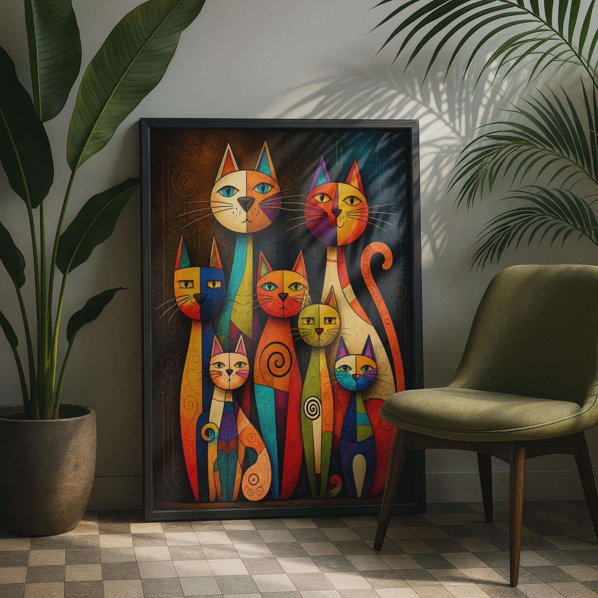 Abstract Cartoon Cats Print, Colorful Feline Wall Art, Geometric Animal Decor