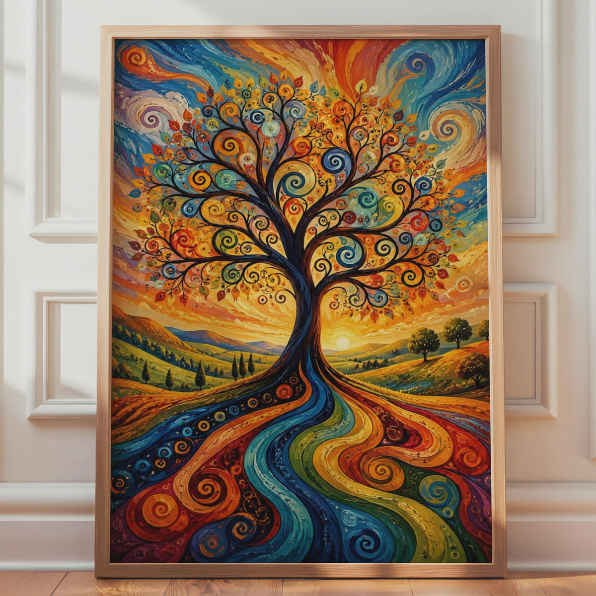 Abstract Retro Tree of Life Print, Psychedelic Swirl Wall Art, Boho Landscape Decor