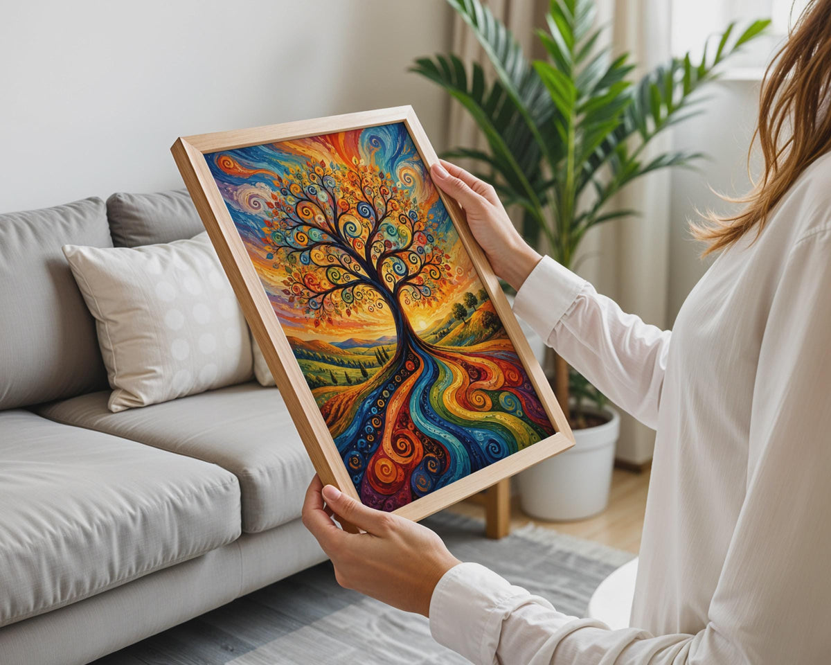 Abstract Retro Tree of Life Print, Psychedelic Swirl Wall Art, Boho Landscape Decor
