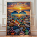 Glass Heart Pebble Beach Sunset Poster, Coastal Love Wall Art (Physical Print)