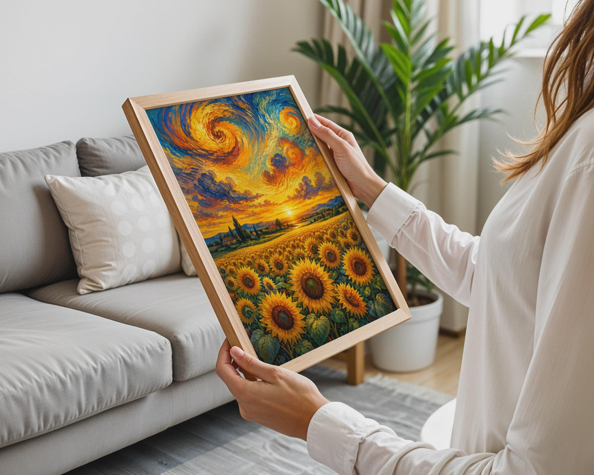 Sunflower Field Poster, Van Gogh Style Swirling Sky Print, Botanical Landscape (Poster)