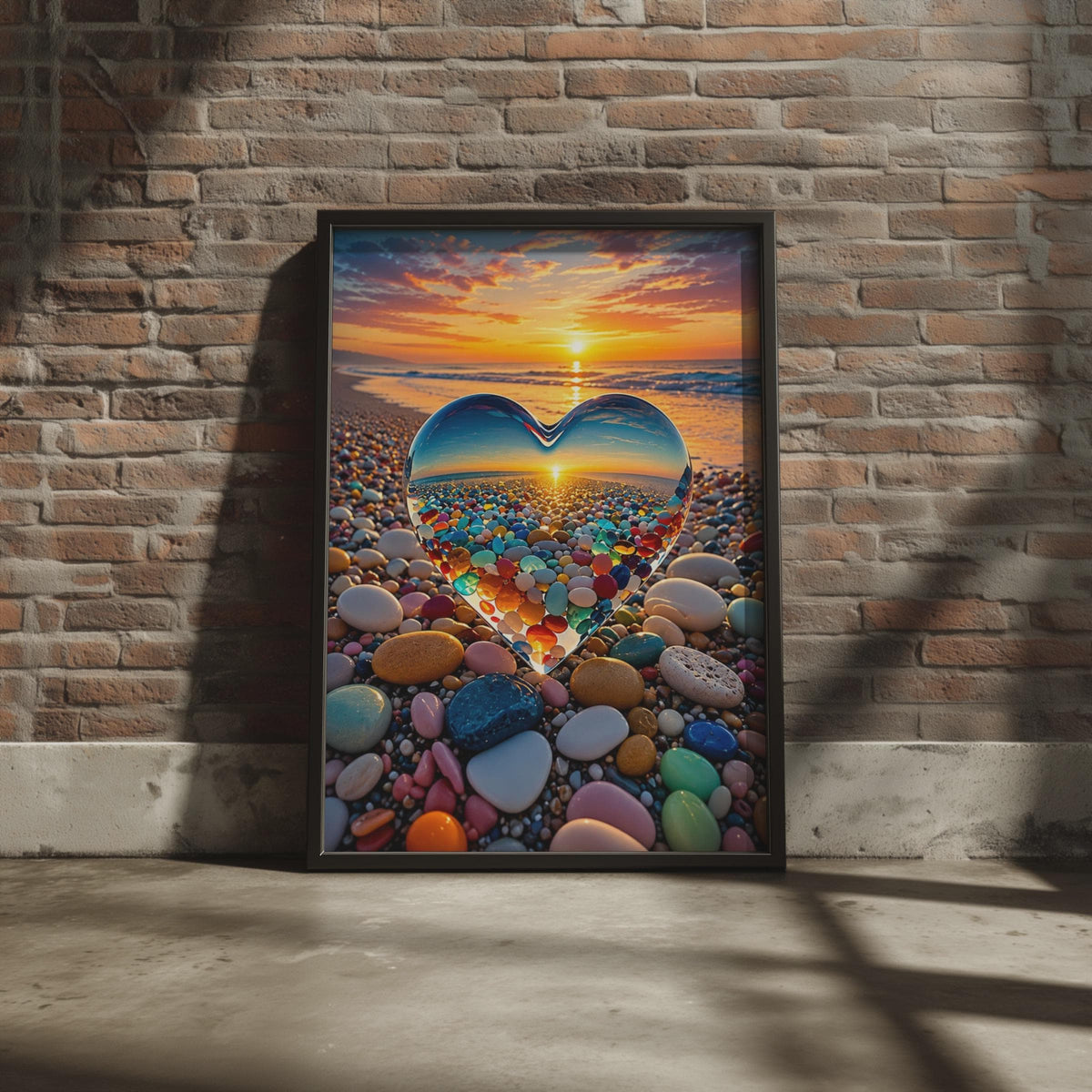 Glass Heart Pebble Beach Sunset Poster, Coastal Love Wall Art (Physical Print)