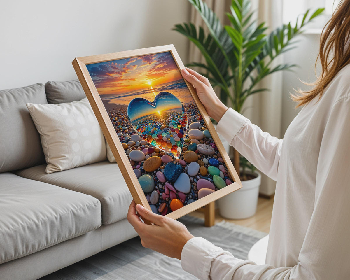 Glass Heart Pebble Beach Sunset Poster, Coastal Love Wall Art (Physical Print)