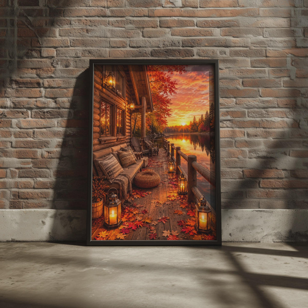 Log Cabin Lakeside Sunset Print, Autumn Fall Foliage Wall Art