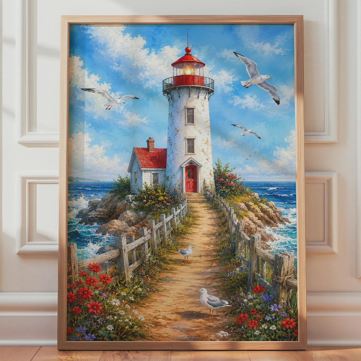 Lighthouse Coastal Wall Art, Seaside Seagull Print, Nautical Home Decor (Ready to Frame)
