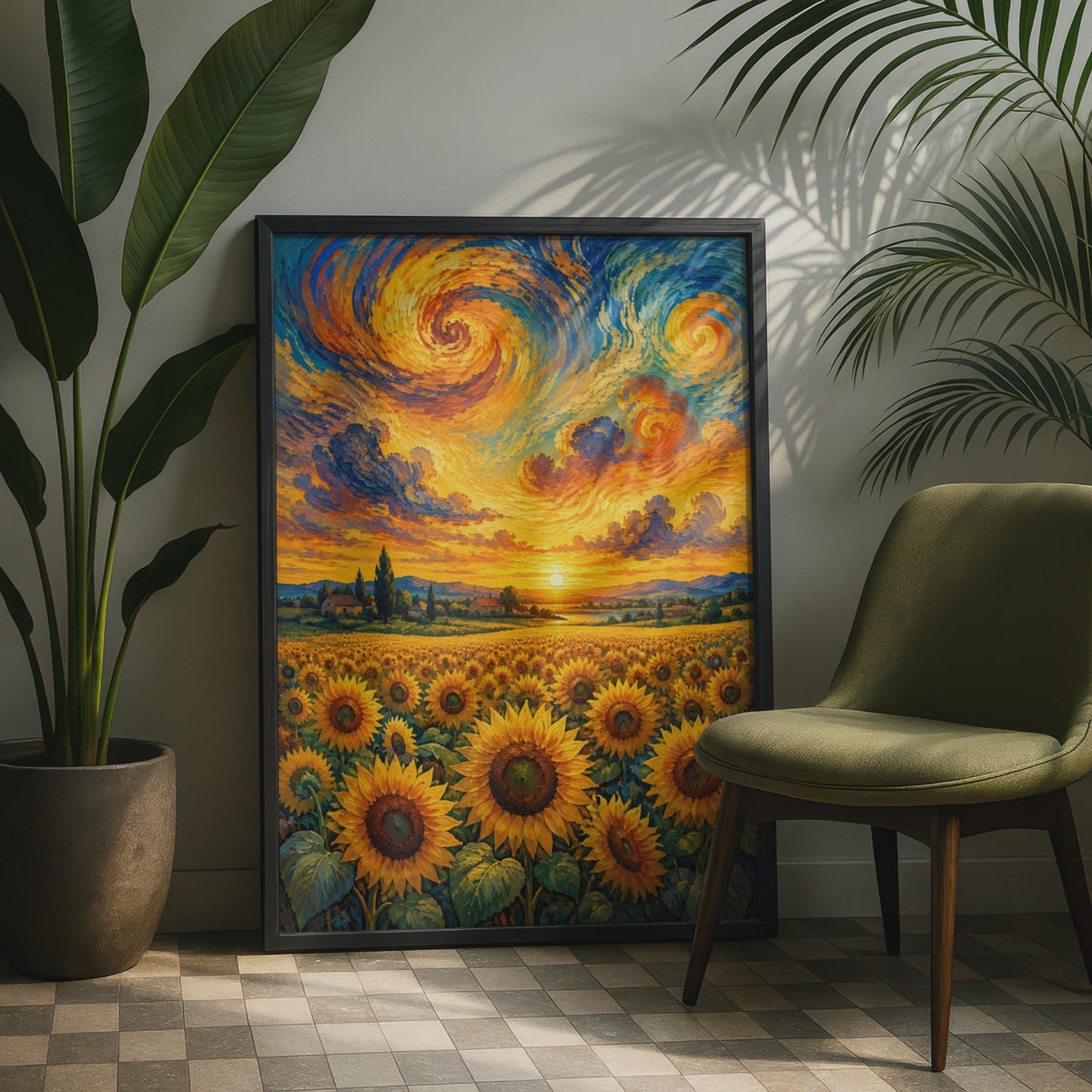 Sunflower Field Poster, Van Gogh Style Swirling Sky Print, Botanical Landscape (Poster)