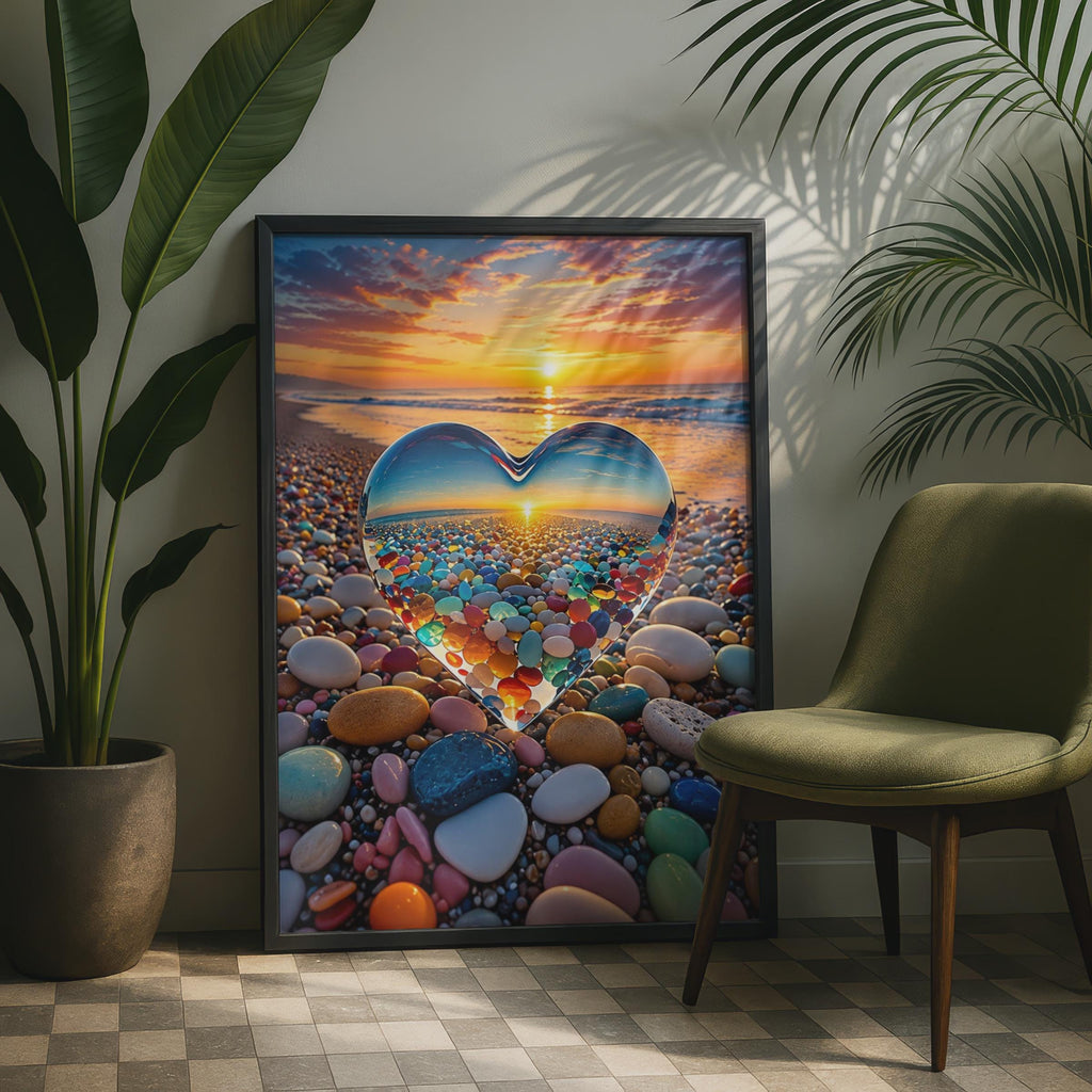 Glass Heart Pebble Beach Sunset Poster, Coastal Love Wall Art (Physical Print)