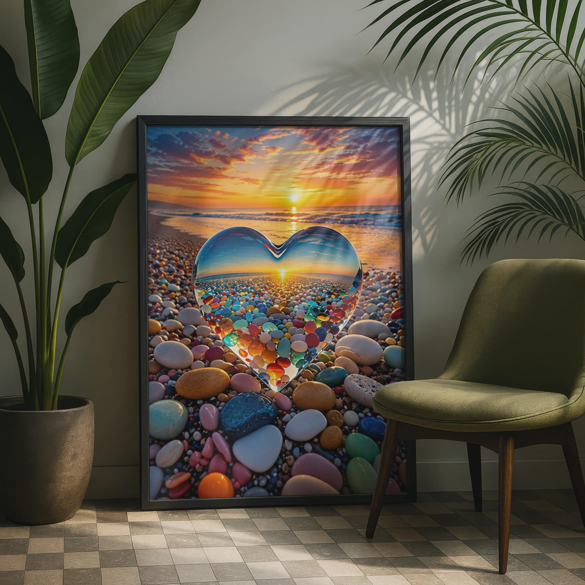 Glass Heart Pebble Beach Sunset Poster, Coastal Love Wall Art (Physical Print)