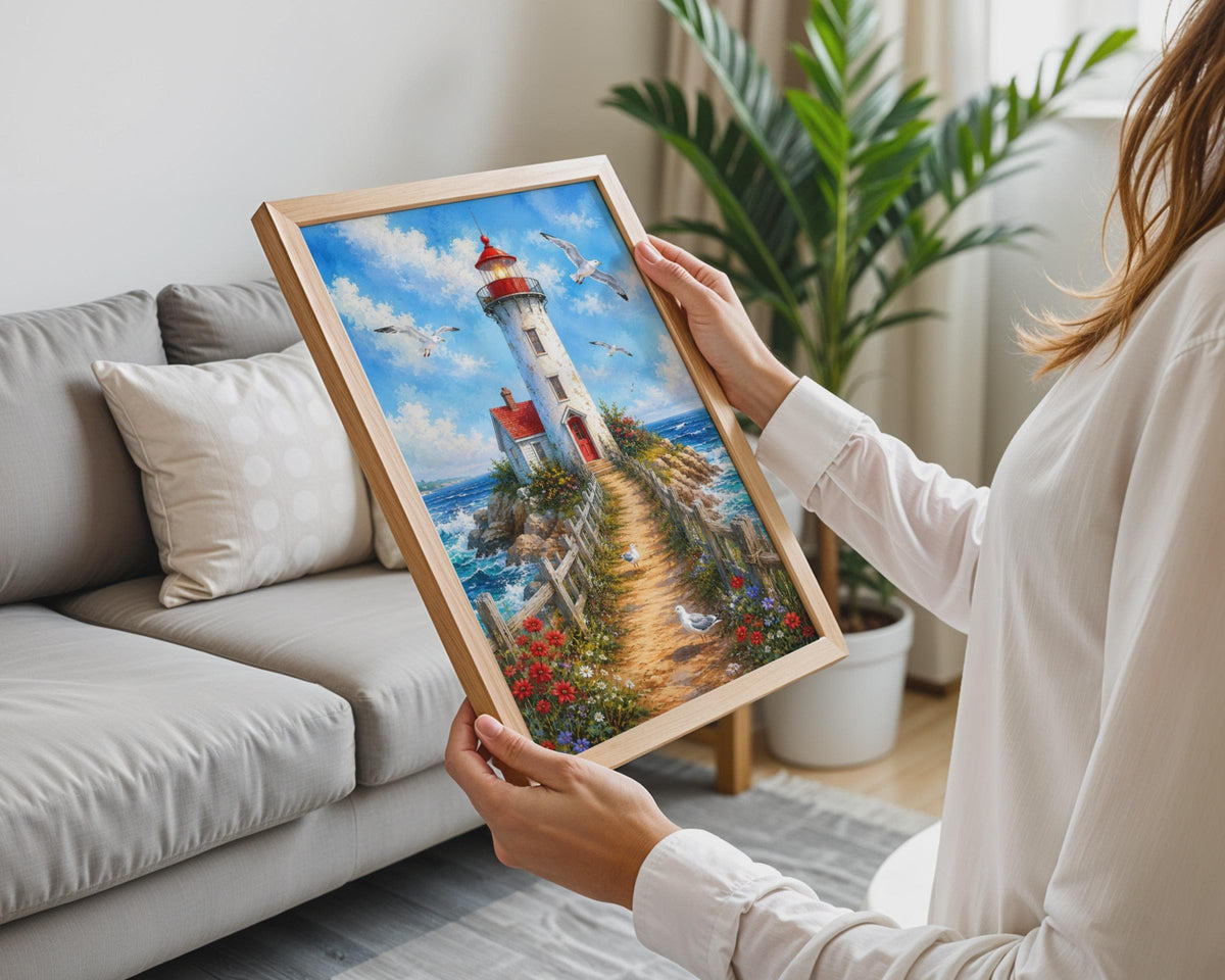 Lighthouse Coastal Wall Art, Seaside Seagull Print, Nautical Home Decor (Ready to Frame)