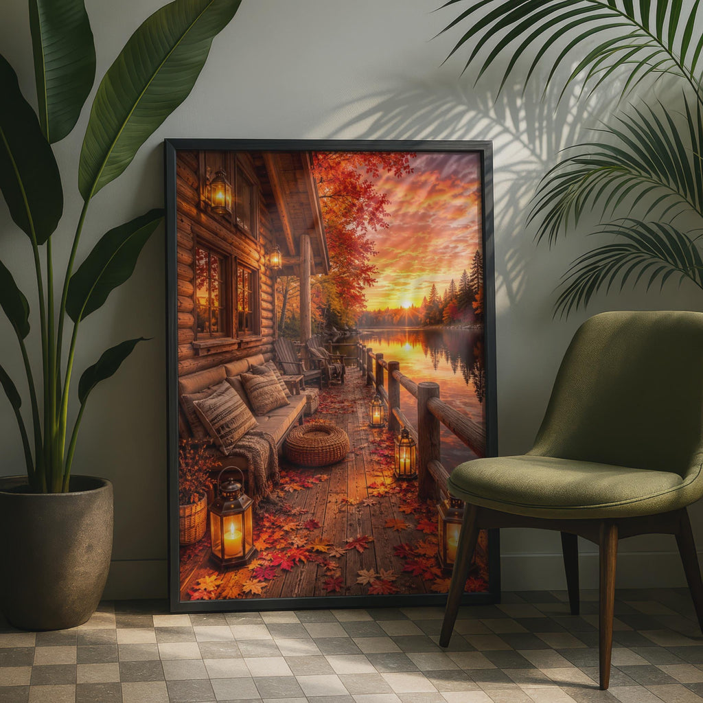 Log Cabin Lakeside Sunset Print, Autumn Fall Foliage Wall Art
