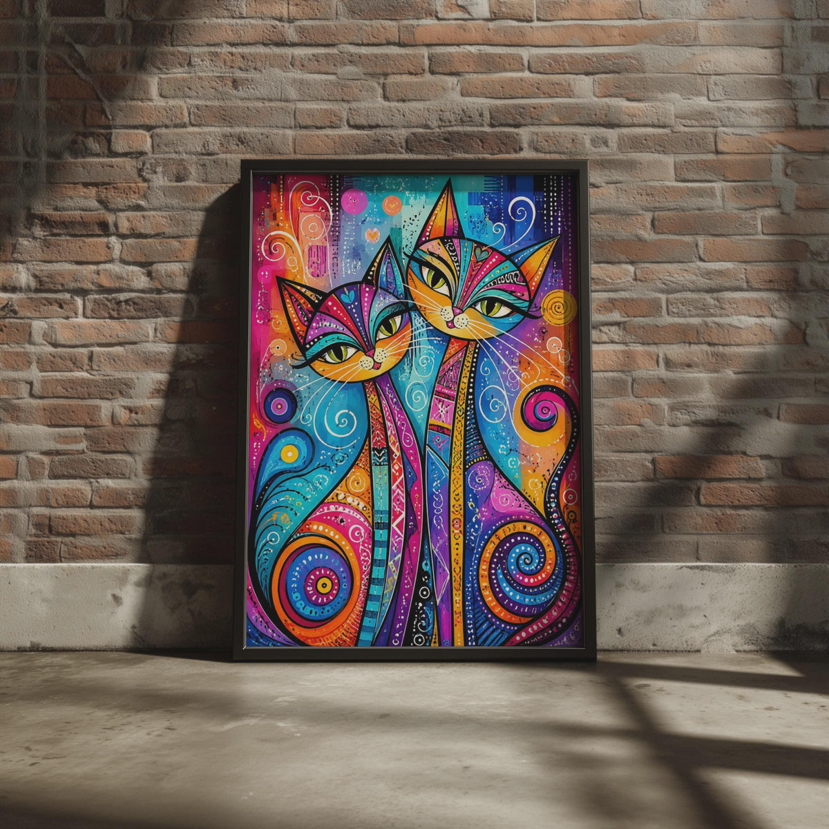 Vibrant Folk Art Cats Print, Boho Whimsical Maximalist Wall Art