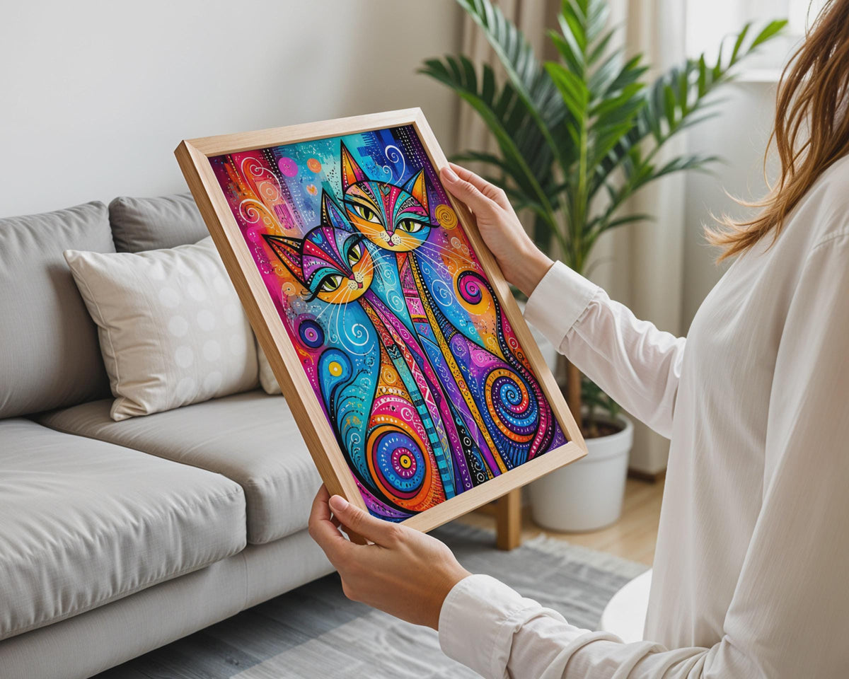 Vibrant Folk Art Cats Print, Boho Whimsical Maximalist Wall Art