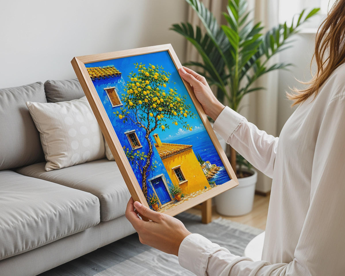 Lemon Tree Coastal House Print, Mediterranean Sea View, Italian Village Wall Art