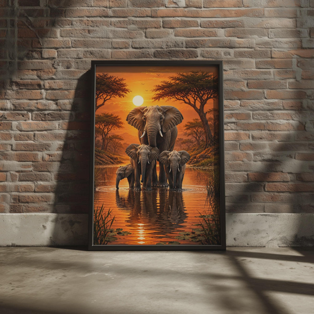 Elephant Family Safari Sunset Print, African Savanna Wildlife Wall Art