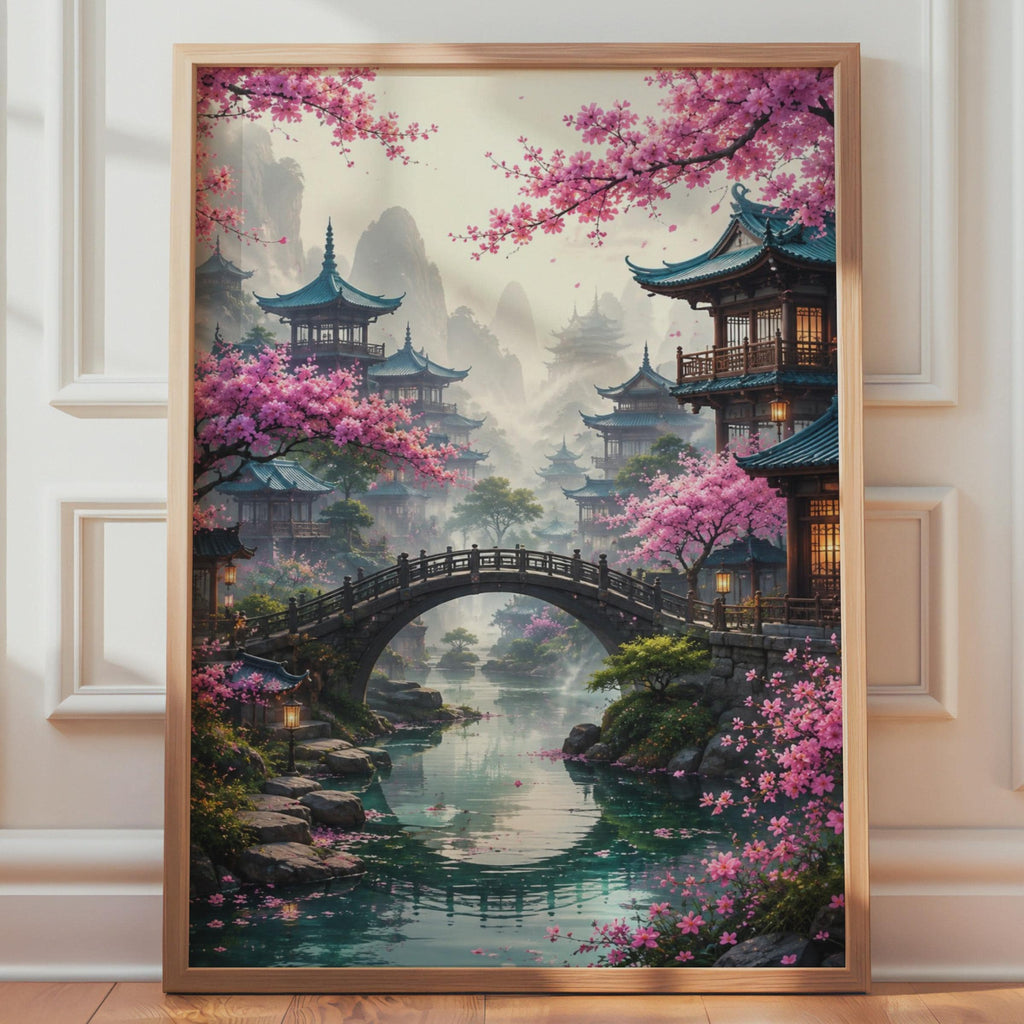 Japanese Bridge Cherry Blossom Print, Asian Pagoda Landscape Wall Art