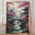 Japanese Bridge Cherry Blossom Print, Asian Pagoda Landscape Wall Art
