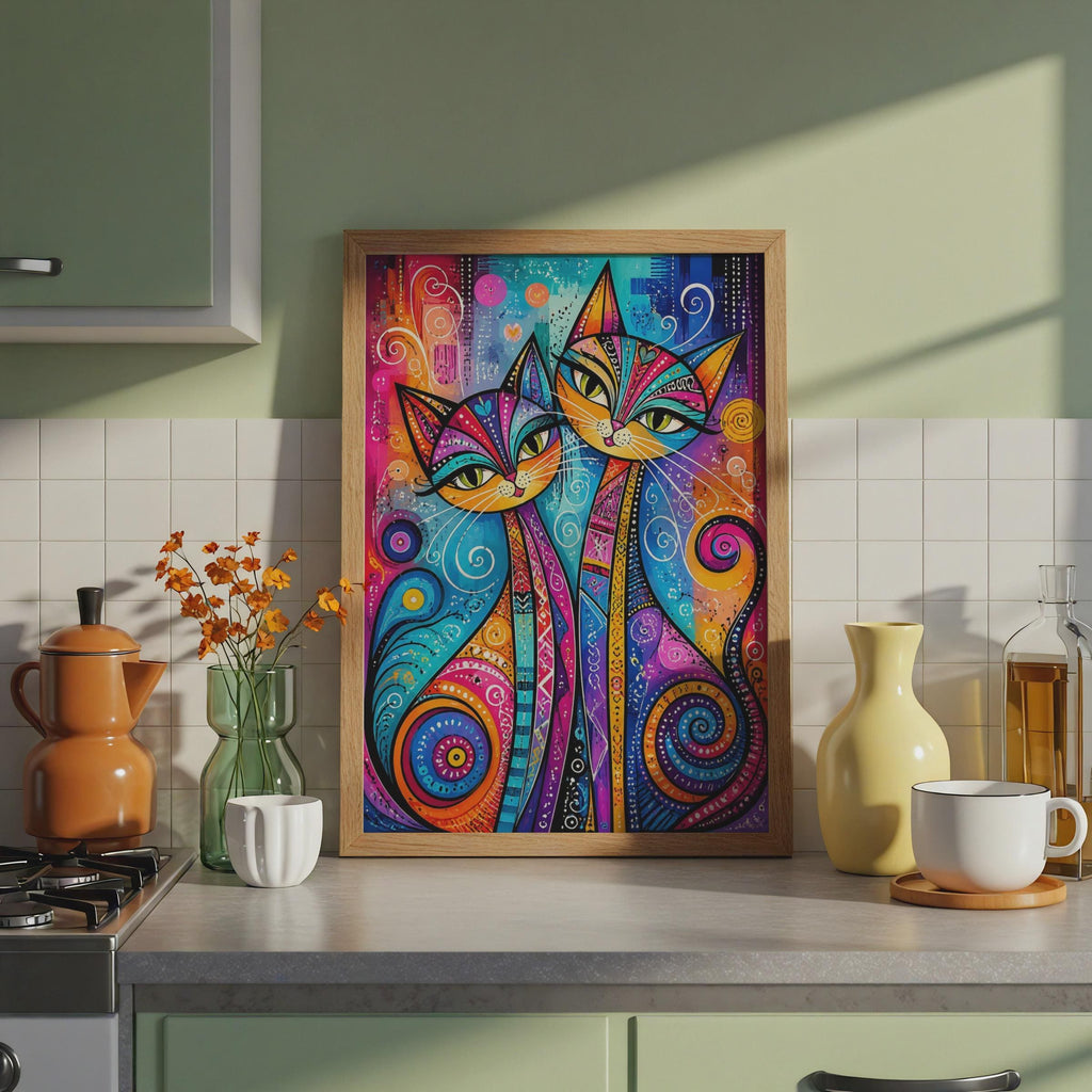 Vibrant Folk Art Cats Print, Boho Whimsical Maximalist Wall Art