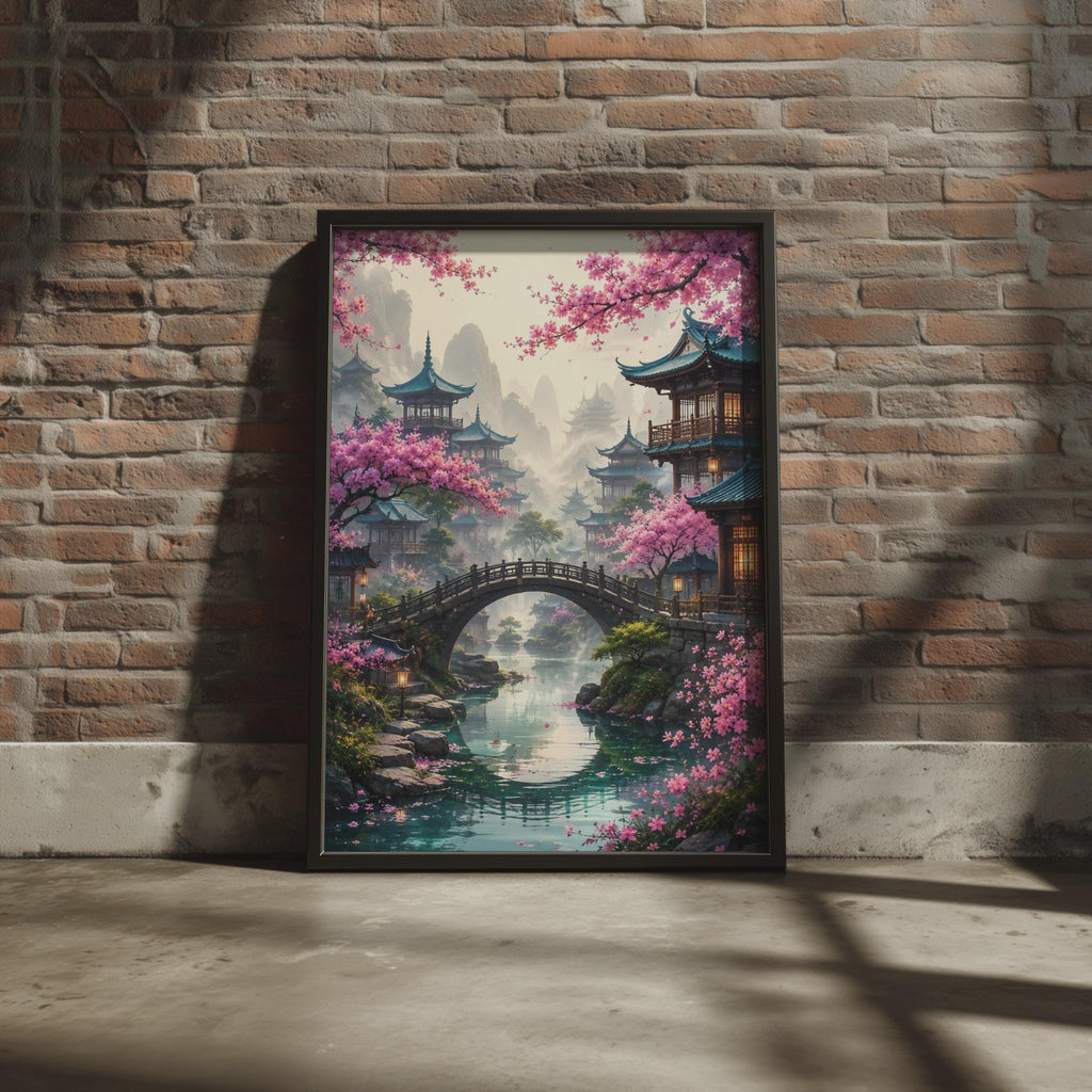 Japanese Bridge Cherry Blossom Print, Asian Pagoda Landscape Wall Art