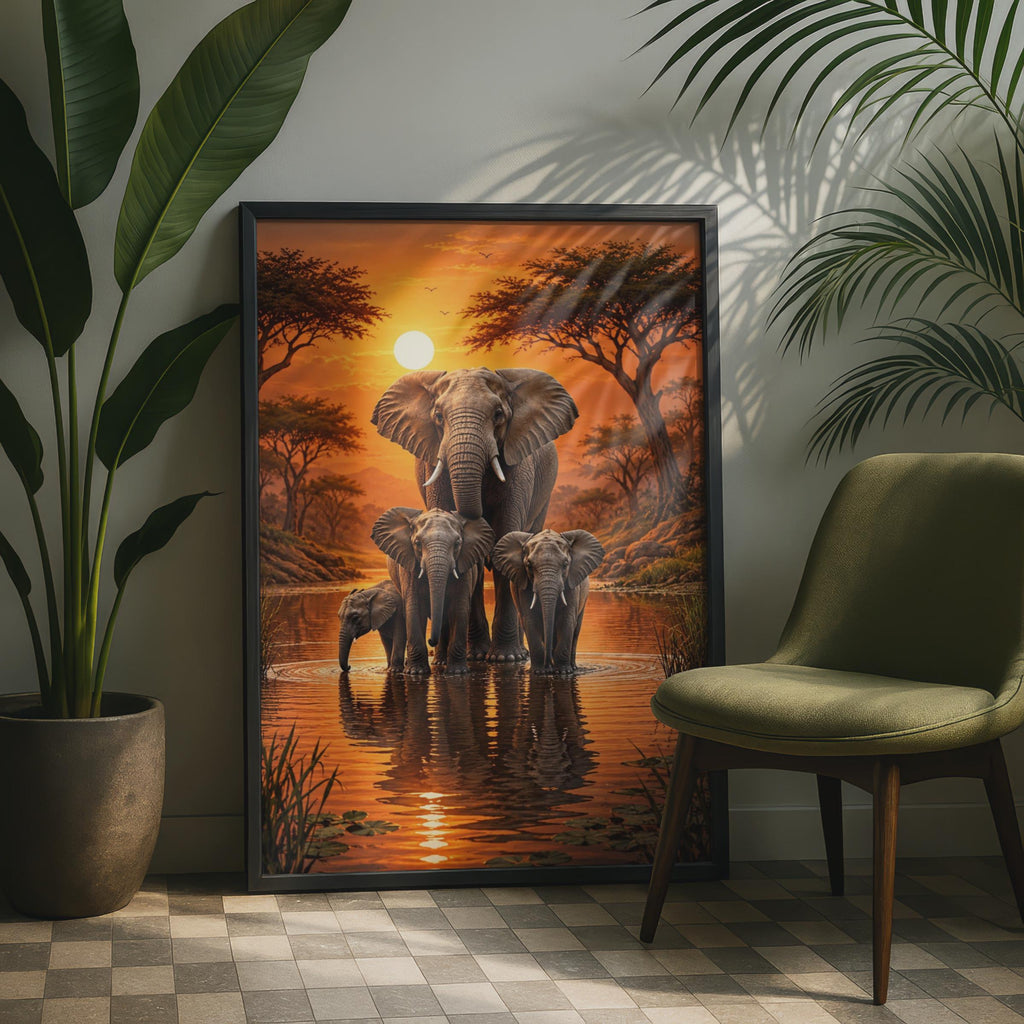 Elephant Family Safari Sunset Print, African Savanna Wildlife Wall Art