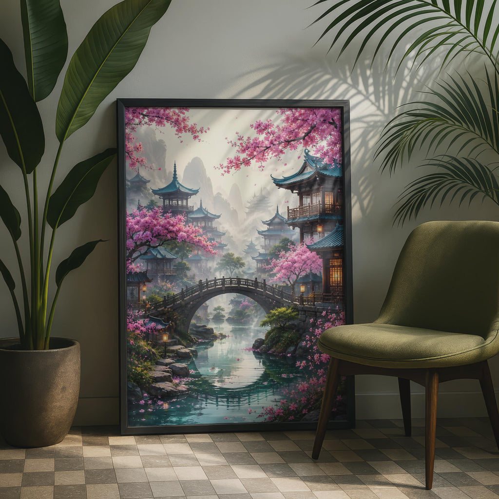 Japanese Bridge Cherry Blossom Print, Asian Pagoda Landscape Wall Art