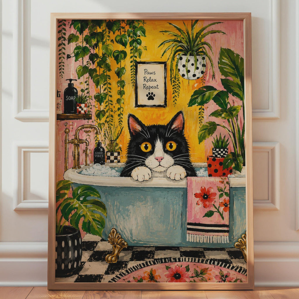 Tuxedo Cat Bath Print, Botanical Maximalist Wall Art, Quirky Cat Lover Decor
