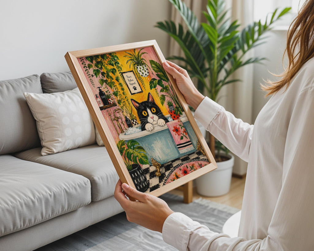 Tuxedo Cat Bath Print, Botanical Maximalist Wall Art, Quirky Cat Lover Decor