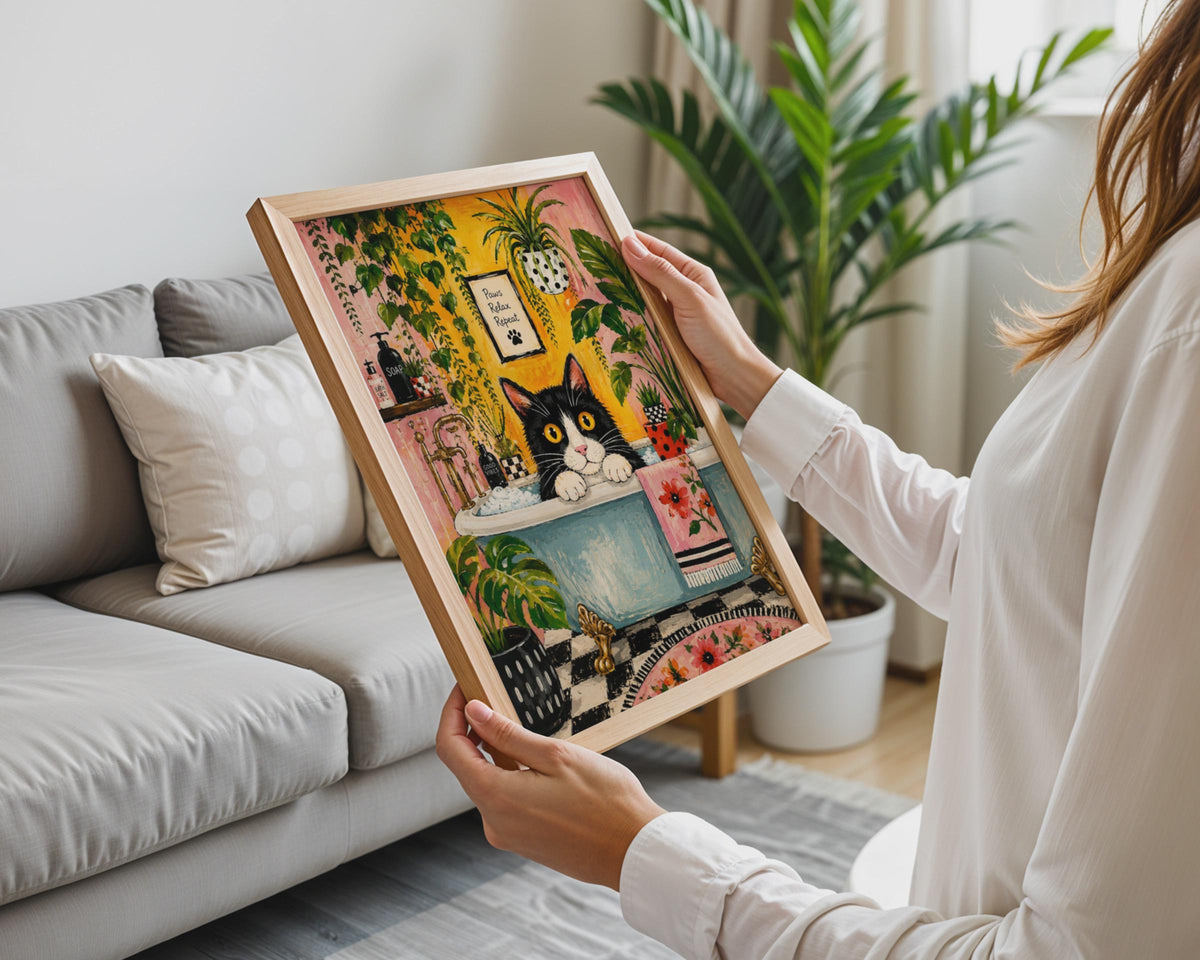 Tuxedo Cat Bath Print, Botanical Maximalist Wall Art, Quirky Cat Lover Decor