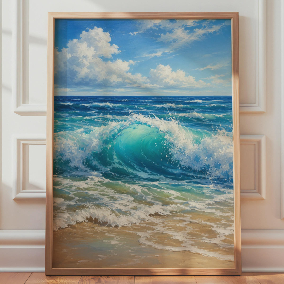 Crashing Ocean Wave Print, Teal Seascape Wall Art, Coastal Beach Decor, Oil Painting Style