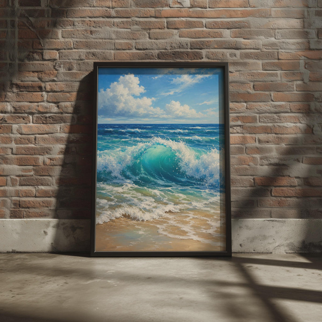 Crashing Ocean Wave Print, Teal Seascape Wall Art, Coastal Beach Decor, Oil Painting Style