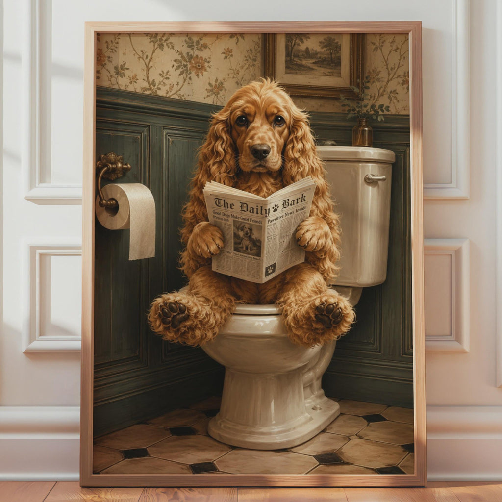 Cocker Spaniel Dog Reading Newspaper Bathroom Art Print, Humorous Pet Wall Decor