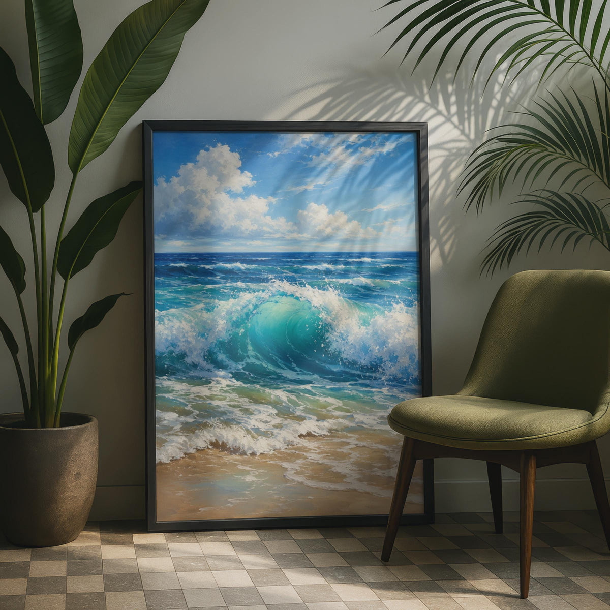 Crashing Ocean Wave Print, Teal Seascape Wall Art, Coastal Beach Decor, Oil Painting Style