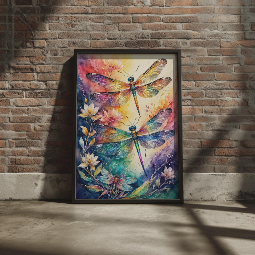 Iridescent Dragonfly Watercolour Poster, Rainbow Wings, Floral Botanical Art (Print)