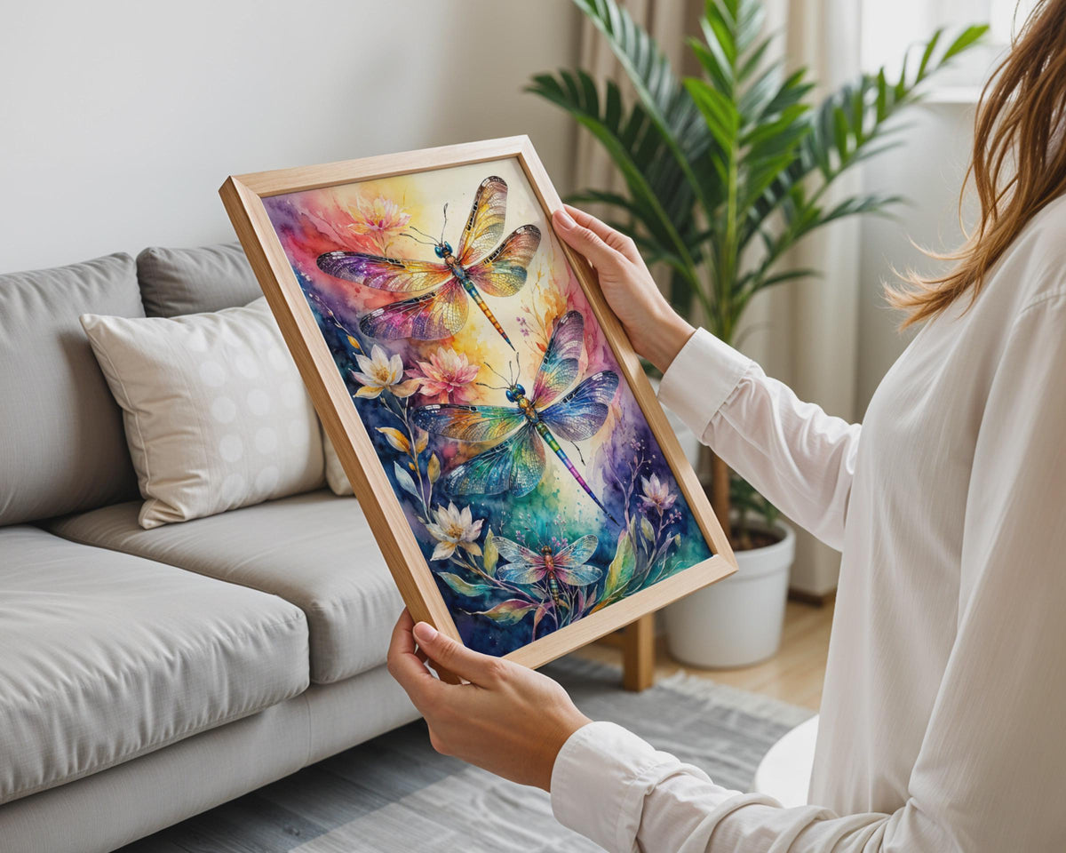 Iridescent Dragonfly Watercolour Poster, Rainbow Wings, Floral Botanical Art (Print)