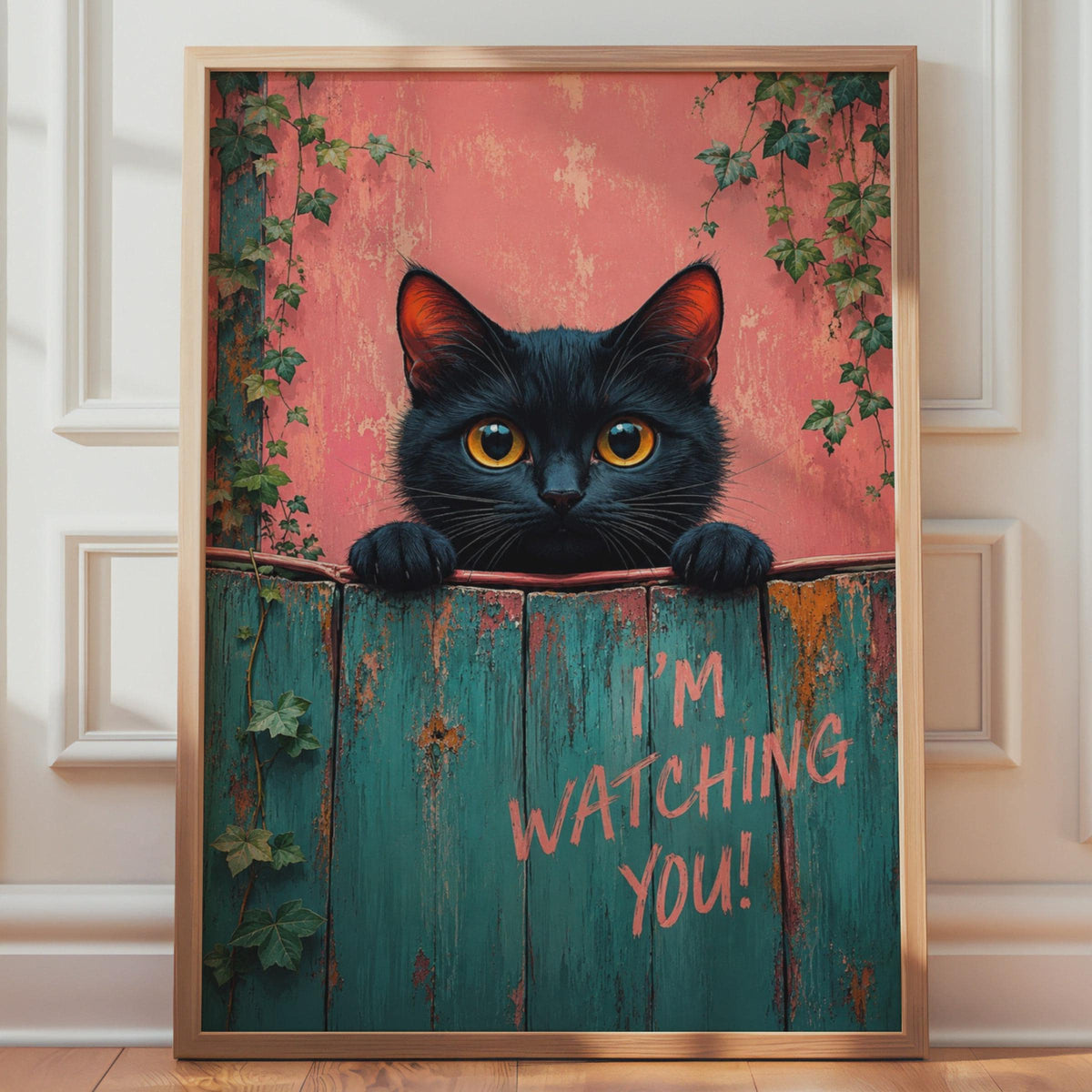 Black Cat Poster, Teal Pink Fence Art, Quirky Animal Wall Decor
