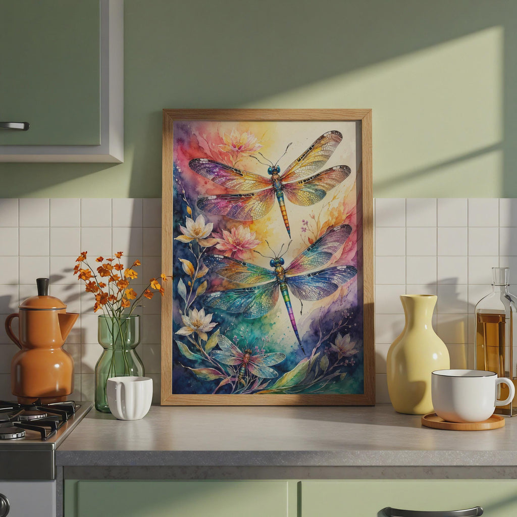 Iridescent Dragonfly Watercolour Poster, Rainbow Wings, Floral Botanical Art (Print)