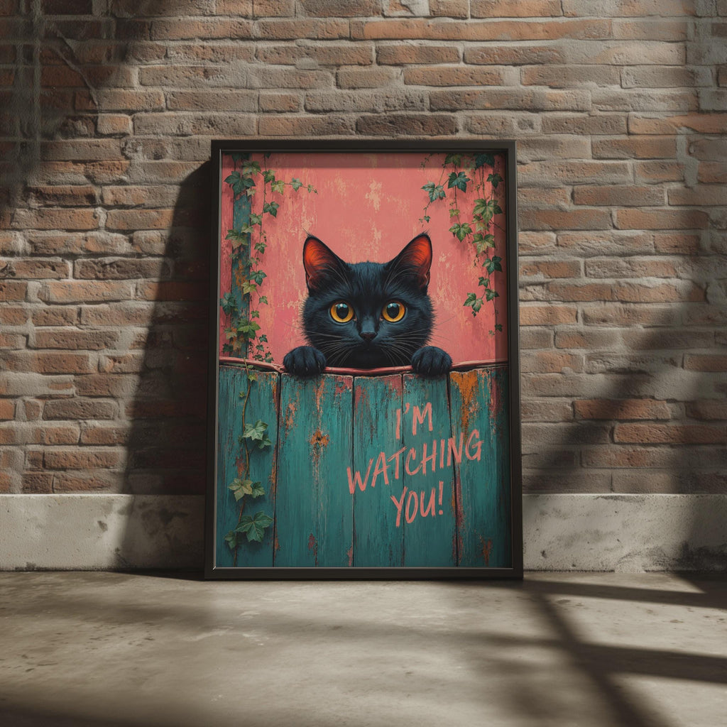 Black Cat Poster, Teal Pink Fence Art, Quirky Animal Wall Decor